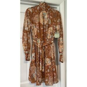 RYEGRASS Women Dress Size S Floral Textured Lined Boho Peasant Fairy Ruffle Belt